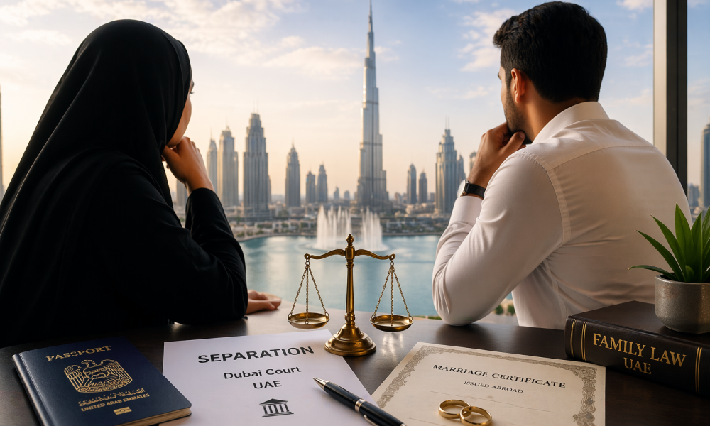 ChatGPT Image Apr 23 2026 04 31 55 PM | Separation in Dubai After Marriage Abroad | Expat Guide | For many couples, the confusion starts with one assumption: “We got married abroad, so we must separate there too.” In reality, separation in Dubai for expats is based on legal jurisdiction—mainly residency—not the country where the marriage happened. Couple reviewing marriage options on a laptop while travel uncertainty affects flights and wedding plans in the UAE, highlighting civil and online marriage alternatives