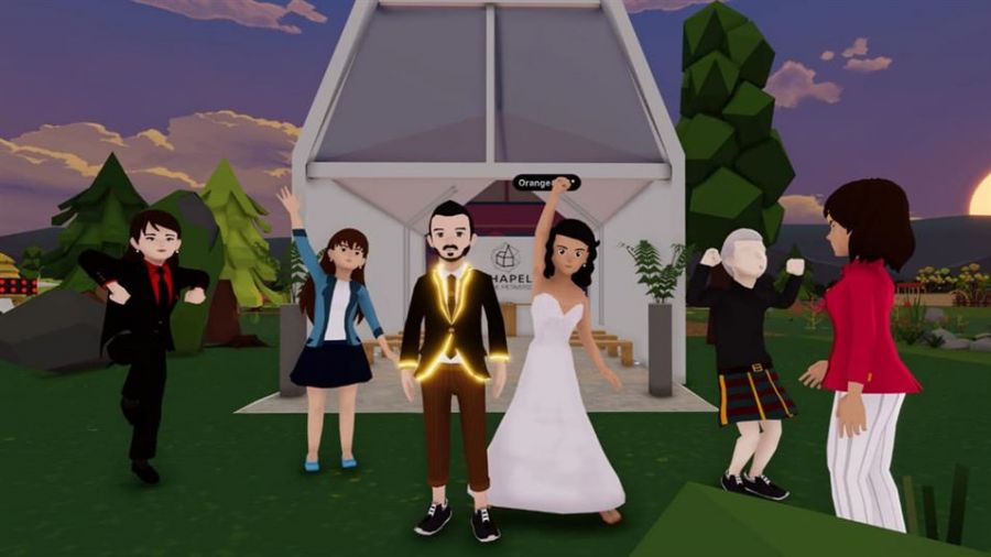 An animated scene of a joyful wedding celebration in front of a modern chapel during sunset. A groom in a glowing suit and bride in a white gown stand together surrounded by happy animated characters celebrating their special day with raised arms. The backdrop features rolling hills and trees creating a festive atmosphere suitable for weddings in Dubai.