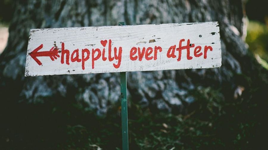 A rustic wooden sign that says happily ever after in red letters with an arrow pointing left. The sign is placed outdoors among greenery, suggesting a charming outdoor wedding venue. The background shows blurred trees and plants, creating a romantic atmosphere ideal for celebrating love and new beginnings.