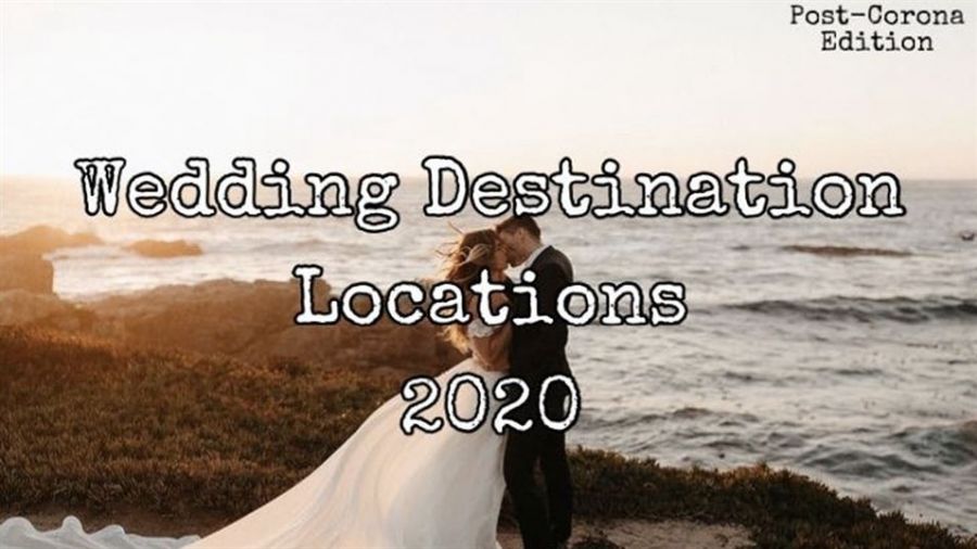 A stunning outdoor wedding scene featuring a bride in an elegant white dress and a groom in a dark suit. They are embraced against a picturesque backdrop of the sea at sunset, creating a warm golden glow. The image is enhanced with text reading Wedding Destination Locations 2020 and Post-Corona Edition, suggesting it as an ideal location for couples wishing to celebrate their love amidst natural beauty. The ambiance exudes romance and warmth perfect for weddings.