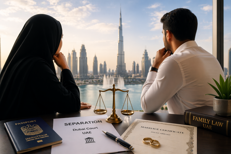 ChatGPT Image Apr 23 2026 04 31 55 PM | Separation in Dubai After Marriage Abroad | Expat Guide | For many couples, the confusion starts with one assumption: “We got married abroad, so we must separate there too.” In reality, separation in Dubai for expats is based on legal jurisdiction—mainly residency—not the country where the marriage happened. Couple reviewing marriage options on a laptop while travel uncertainty affects flights and wedding plans in the UAE, highlighting civil and online marriage alternatives