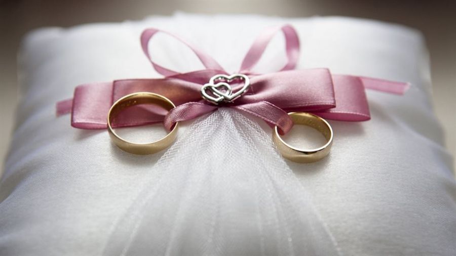 Two gold wedding rings resting on a white satin pillow adorned with delicate tulle and topped with a pink ribbon bow. The bow features interlocking silver hearts at the center, symbolizing love and commitment. Soft textures create an elegant look, showcasing the romance of weddings.