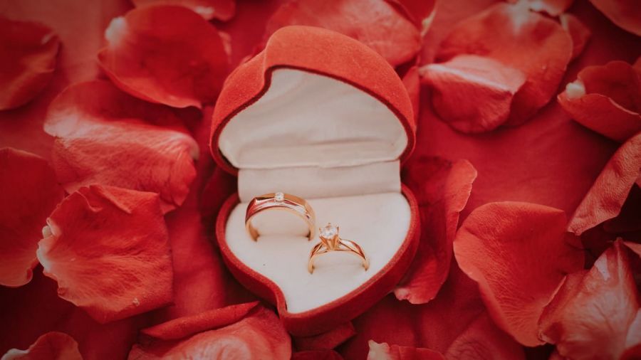A beautiful open red velvet heart-shaped jewelry box displays two stunning gold rings, one adorned with a diamond. The box is beautifully arranged on a surface with scattered red rose petals adding elegance to the scene. Soft lighting creates a romantic atmosphere, perfect for engagements or weddings.