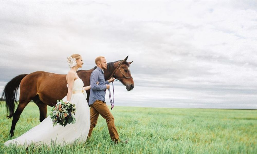 A happy couple walks hand in hand across a grassy field with a brown horse nearby. The bride is dressed in a beautiful white wedding gown holding flowers while the groom wears casual clothing. The overcast sky adds peaceful light making their romantic stroll even more enchanting amidst green fields stretching far into the background.