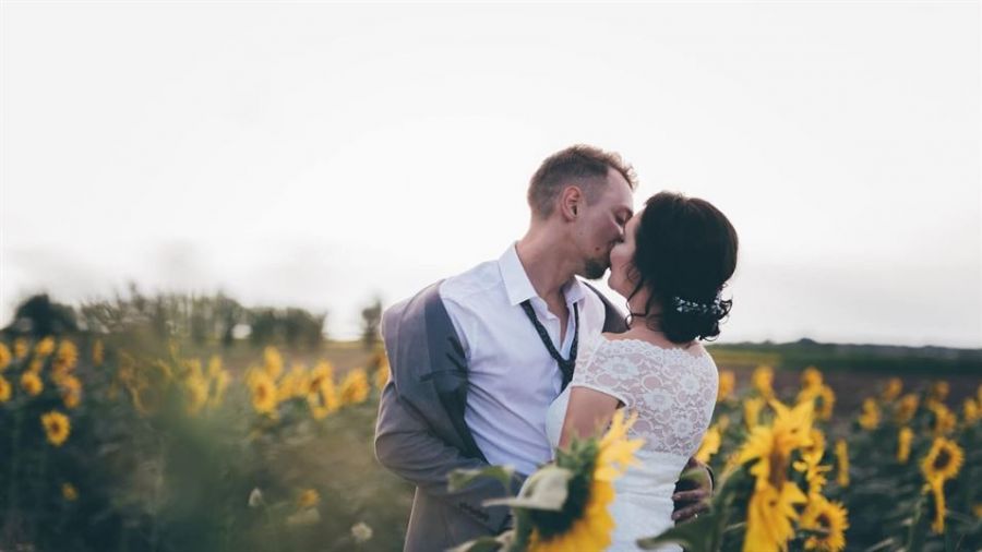 An enchanting scene featuring a couple kissing amidst vibrant sunflowers. The man is in a gray suit while the woman wears a delicate white lace dress. They embrace passionately, standing surrounded by tall sunflowers under a sky lit with soft sunset colors. Their love shines through this serene setting giving an intimate feel that showcases their connection beautifully.