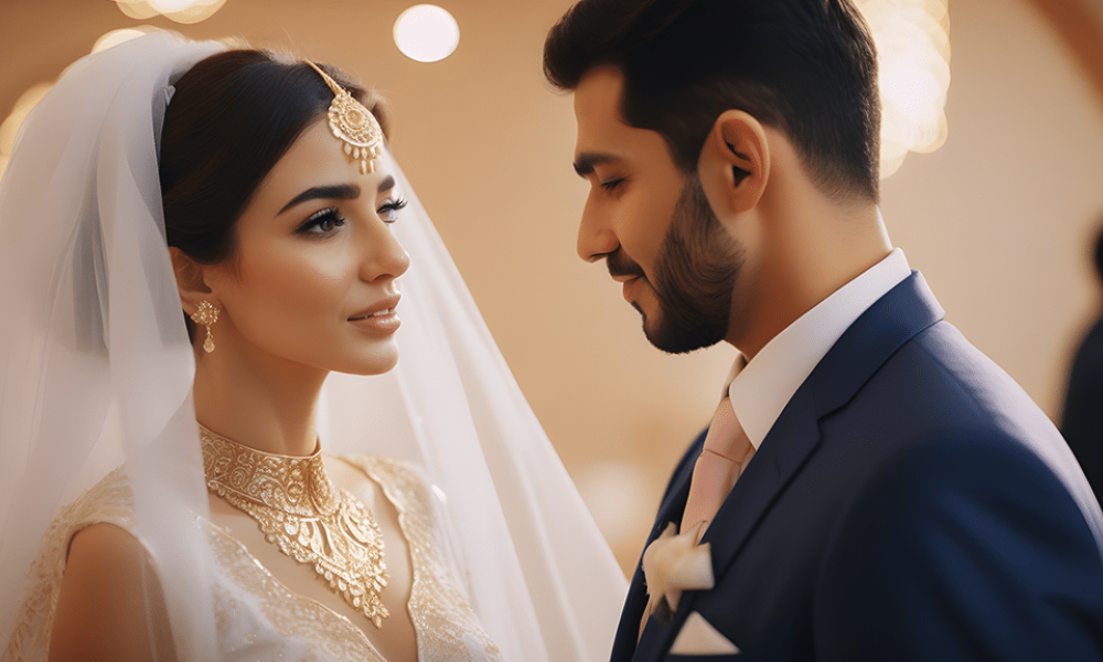 5884Ac95 | Navigating The Nuances Of Legal Court Marriage In Abu Dhabi: Busting Online Wedding Myths | Discover How To Navigate Court Marriage In Abu Dhabi, Ensuring A Smooth Process Amidst Common Misconceptions. A couple celebrating their wedding day, surrounded by beautiful decorations and soft lighting. The bride wears a stunning white gown with lace details while the groom looks sharp in his dark suit and light tie, ready for their special moment together. Their expressions reflect joy and love as they stand close, creating an atmosphere filled with happiness and romance at a beautifully arranged venue perfect for weddings in Dubai.