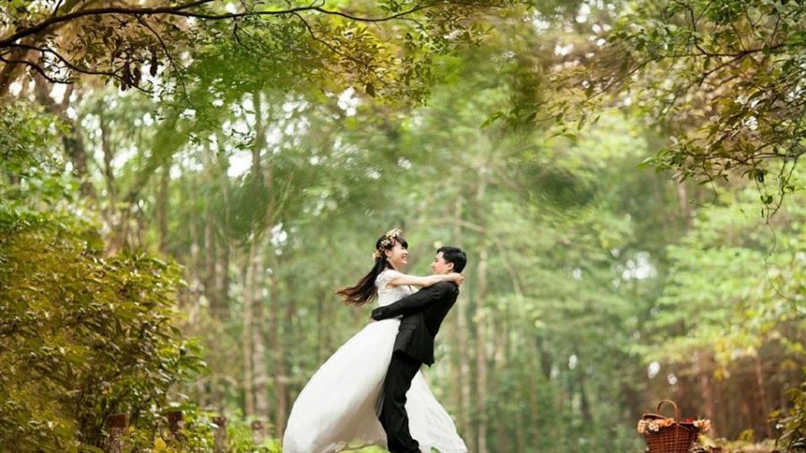 An excited bride and groom are celebrating in a lush forest setting surrounded by vibrant greenery. The groom is wearing a black suit while the bride shines in a flowing white dress decorated with flowers. They radiate happiness as they embrace each other joyfully, with a picnic basket nearby adding charm.
